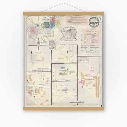 Old map wall art mockup — magnetic wood frame on white wall — Sanborn Fire Insurance Map from Bridgeport, Wise County, Texas (1944), Sheet #0001