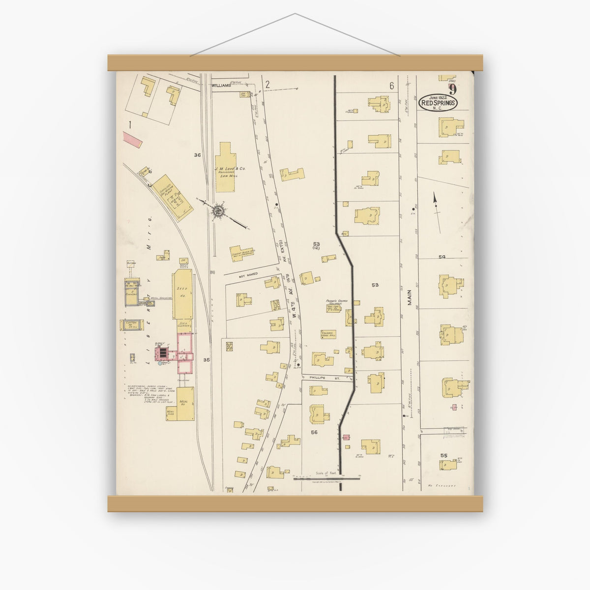 Old map wall art mockup — magnetic wood frame on white wall — Sanborn Fire Insurance Map from Red Springs, Robeson County, North Carolina (1922), Sheet #0009