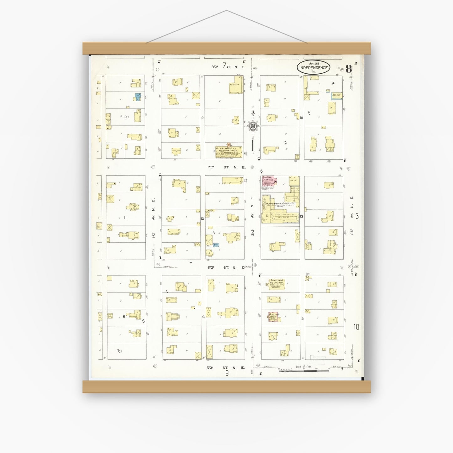 Old map wall art mockup — magnetic wood frame on white wall — Sanborn Fire Insurance Map from Independence, Buchanan County, Iowa (1913), Sheet #0008