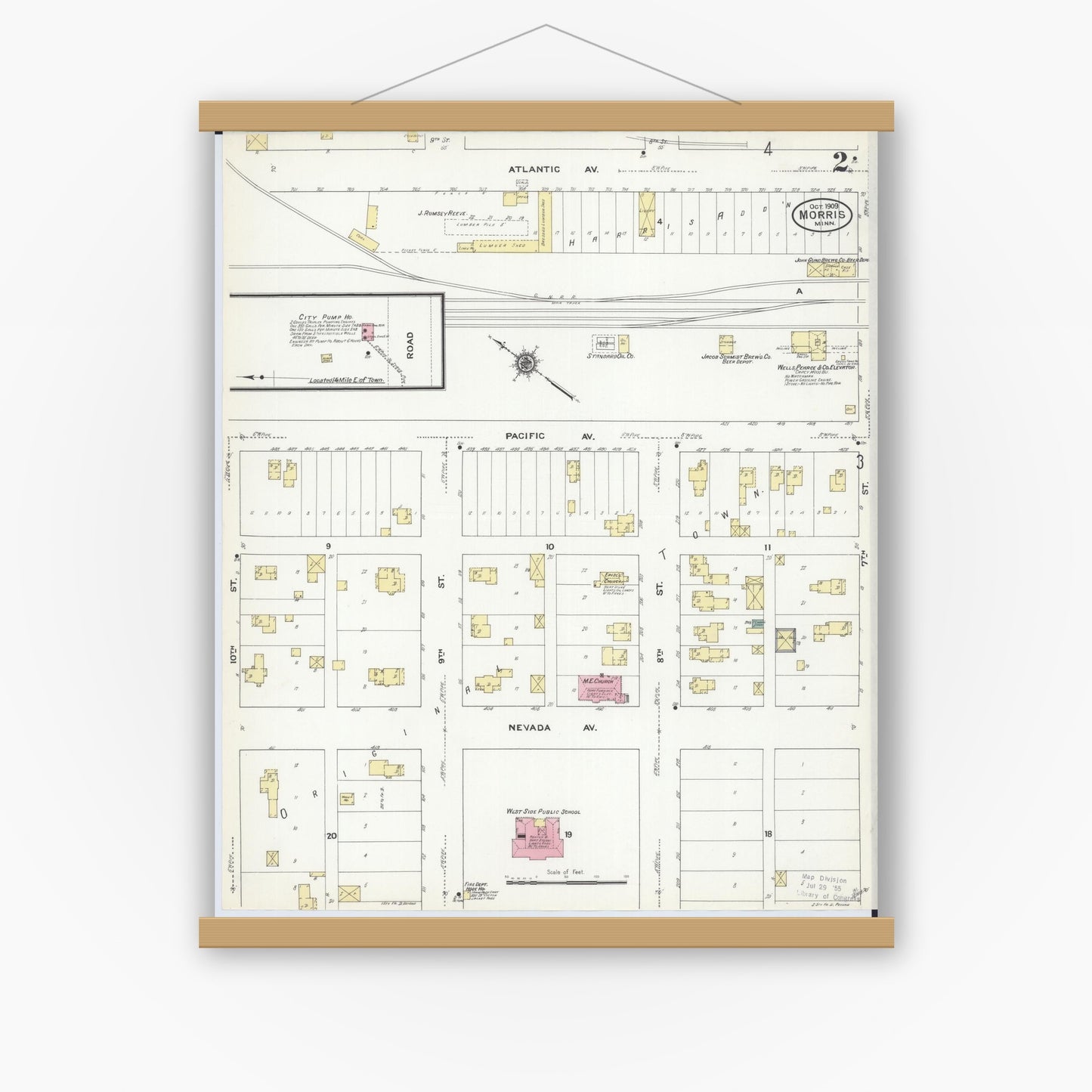 Old map wall art mockup — magnetic wood frame on white wall — Sanborn Fire Insurance Map from Morris, Stevens County, Minnesota (1909), Sheet #0002