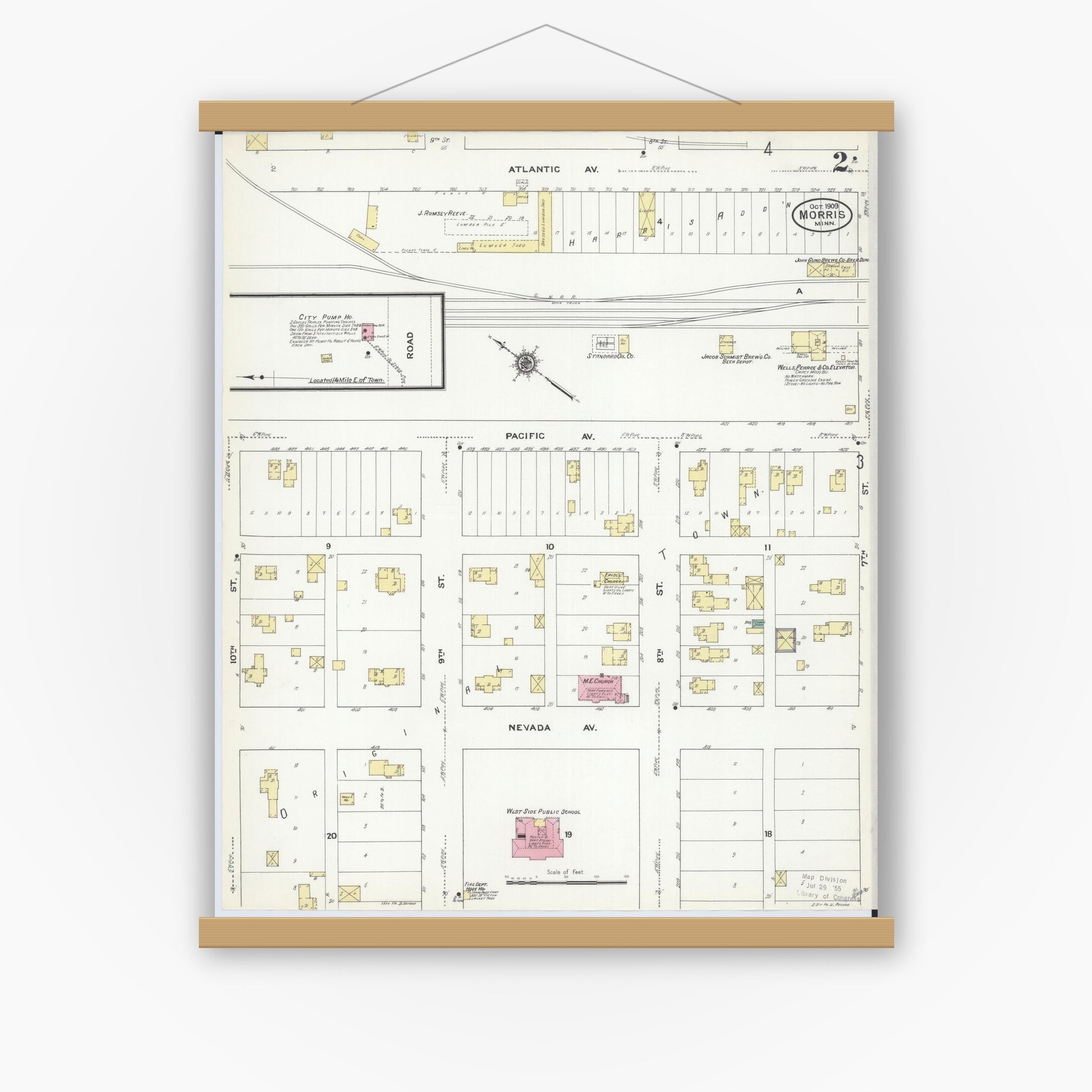 Old map wall art mockup — magnetic wood frame on white wall — Sanborn Fire Insurance Map from Morris, Stevens County, Minnesota (1909), Sheet #0002