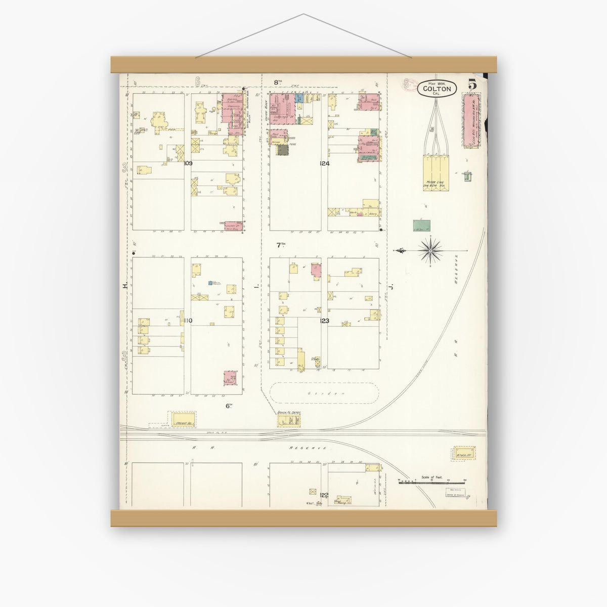 Old map wall art mockup — magnetic wood frame on white wall — Sanborn Fire Insurance Map from Colton, San Bernardino County, California (1894), Sheet #0005