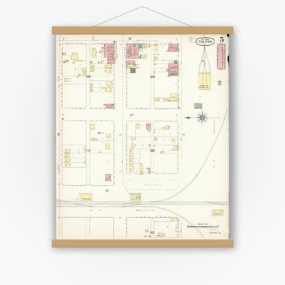 Old map wall art mockup — magnetic wood frame on white wall — Sanborn Fire Insurance Map from Colton, San Bernardino County, California (1894), Sheet #0005