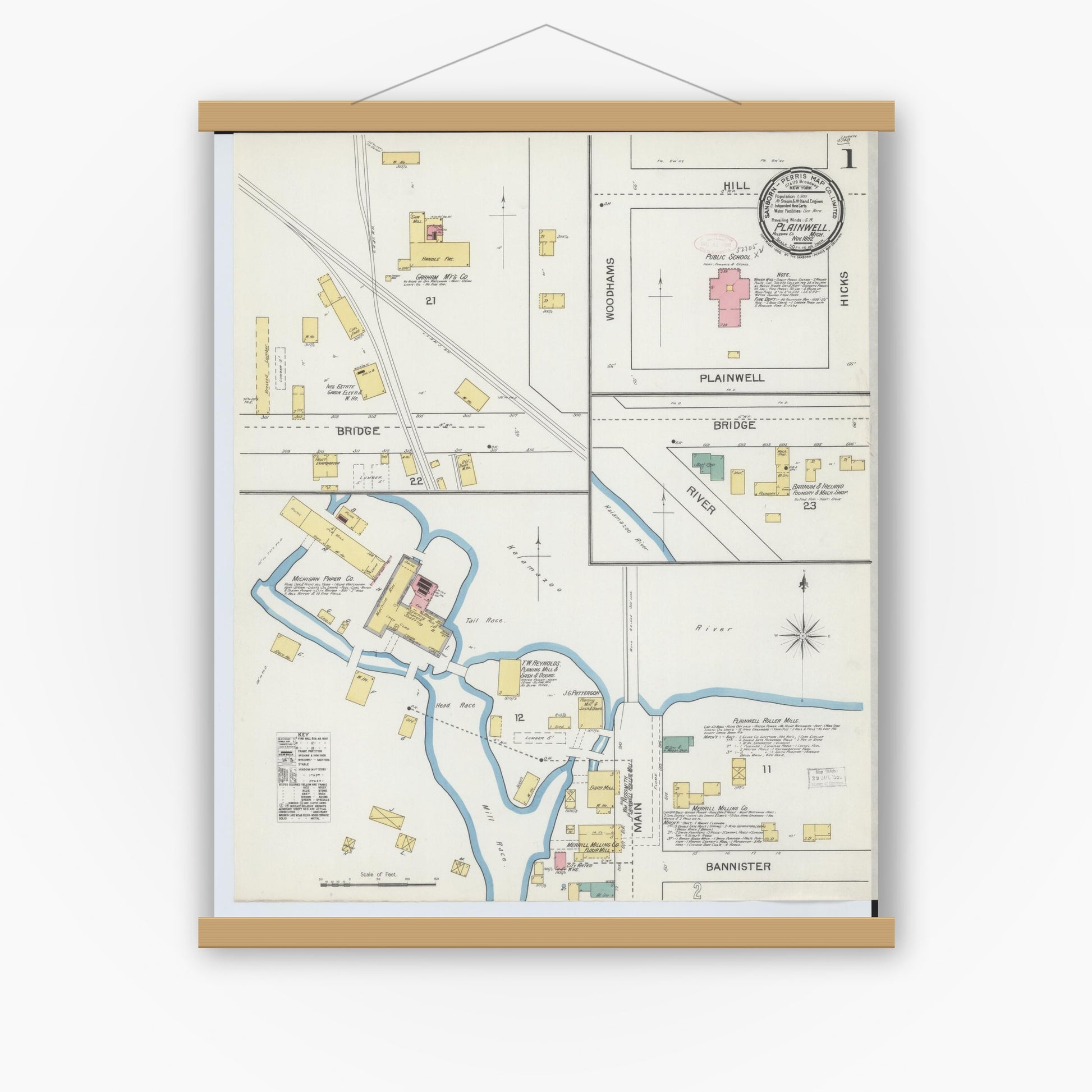 Old map wall art mockup — magnetic wood frame on white wall — Sanborn Fire Insurance Map from Plainwell, Allegan County, Michigan (1892) - Complete Map Set