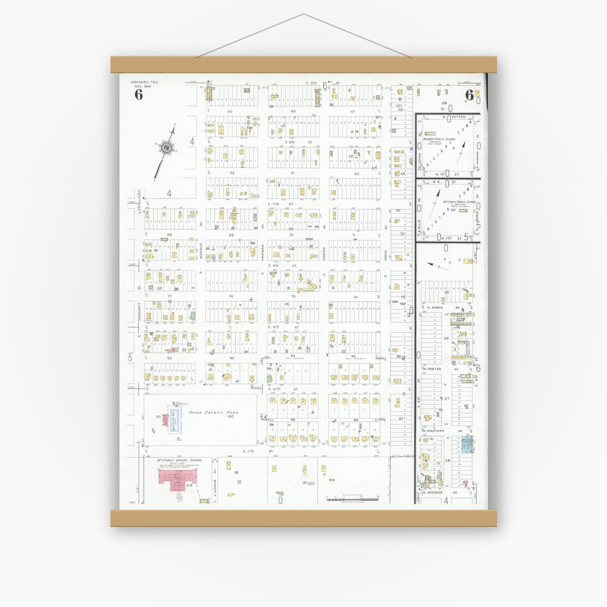 Old map wall art mockup — magnetic wood frame on white wall — Sanborn Fire Insurance Map from McCamey, Upton County, Texas (1946), Sheet #0006