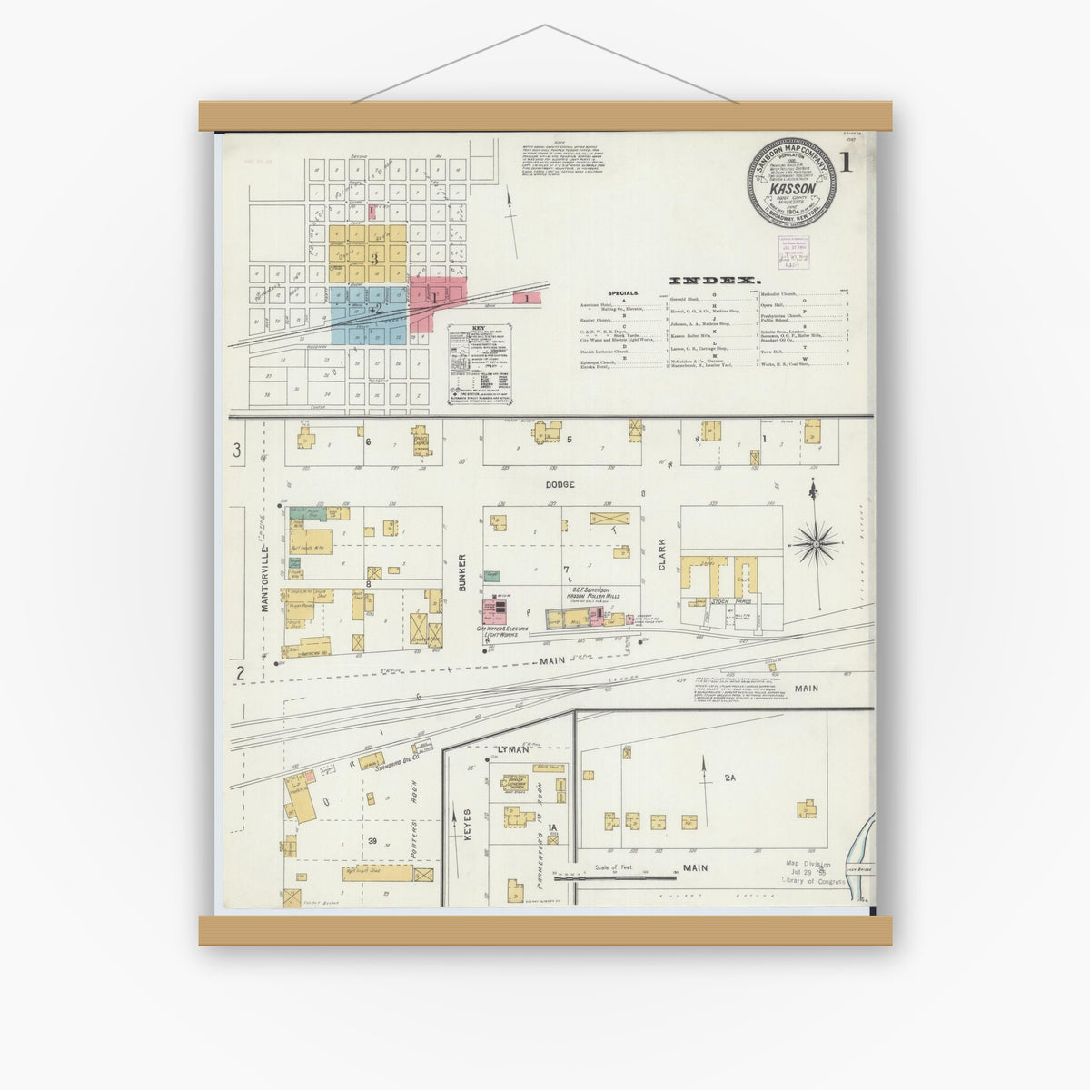 Old map wall art mockup — magnetic wood frame on white wall — Sanborn Fire Insurance Map from Kasson, Dodge County, Minnesota (1904) - Complete Map Set