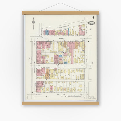 Old map wall art mockup — magnetic wood frame on white wall — Sanborn Fire Insurance Map from Elyria, Lorain County, Ohio (1915), Sheet #0004