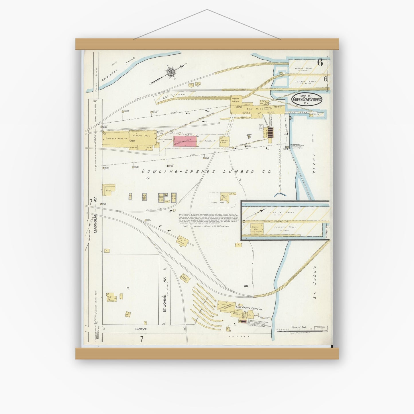 Old map wall art mockup — magnetic wood frame on white wall — Sanborn Fire Insurance Map from Green Cove Springs, Clay County, Florida (1917), Sheet #0006