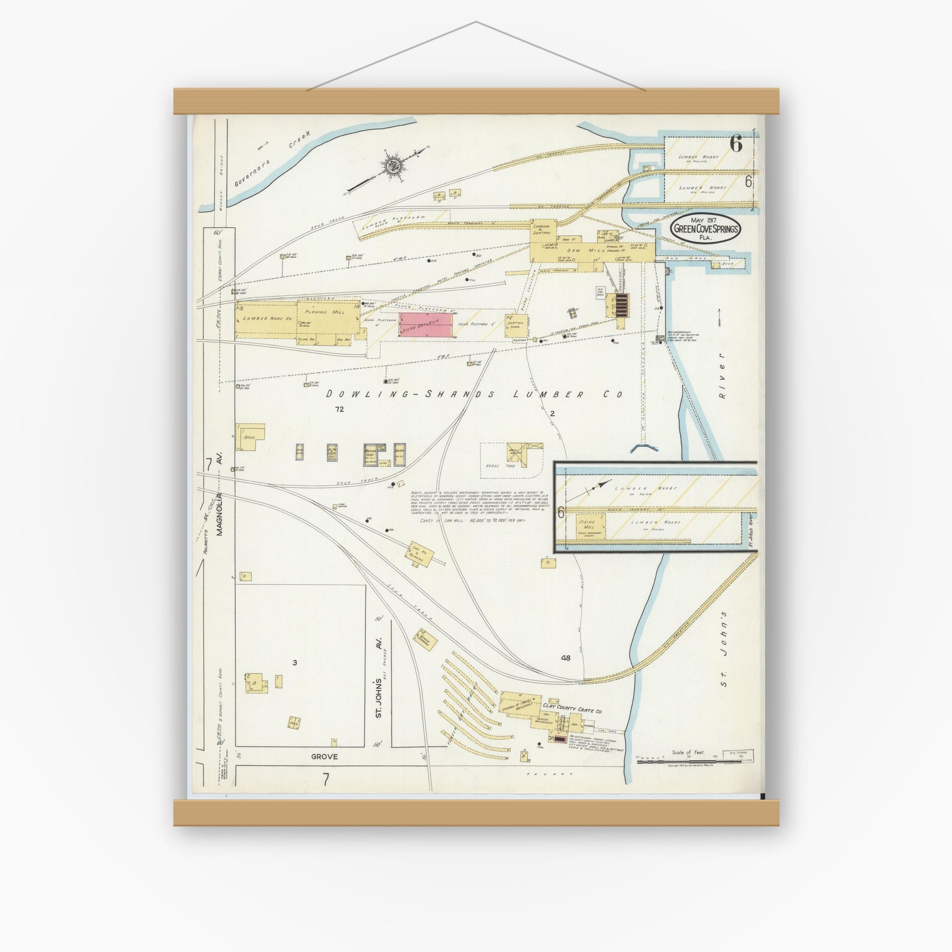 Old map wall art mockup — magnetic wood frame on white wall — Sanborn Fire Insurance Map from Green Cove Springs, Clay County, Florida (1917), Sheet #0006