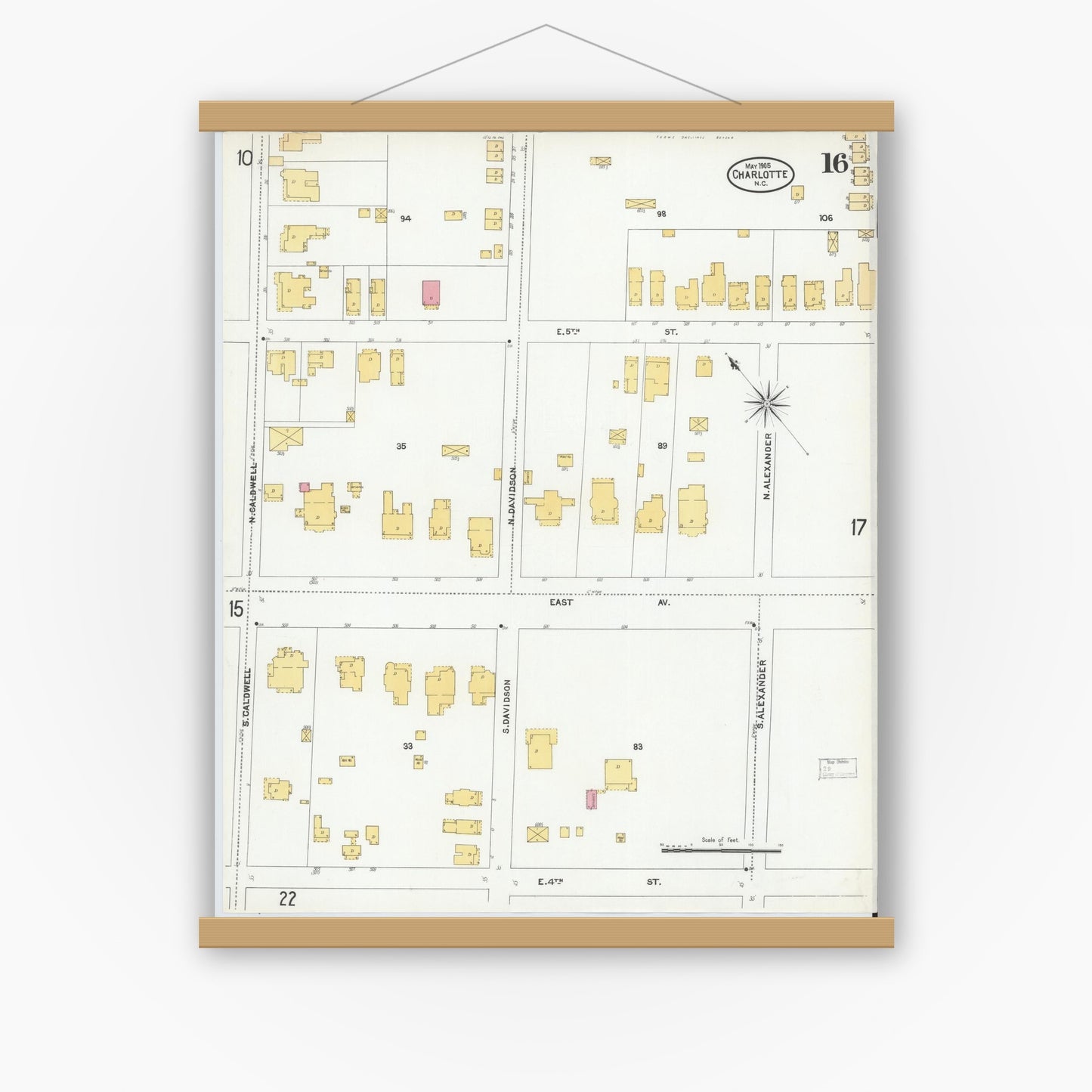 Old map wall art mockup — magnetic wood frame on white wall — Sanborn Fire Insurance Map from Charlotte, Mecklenburg County, North Carolina (1905), Sheet #0016