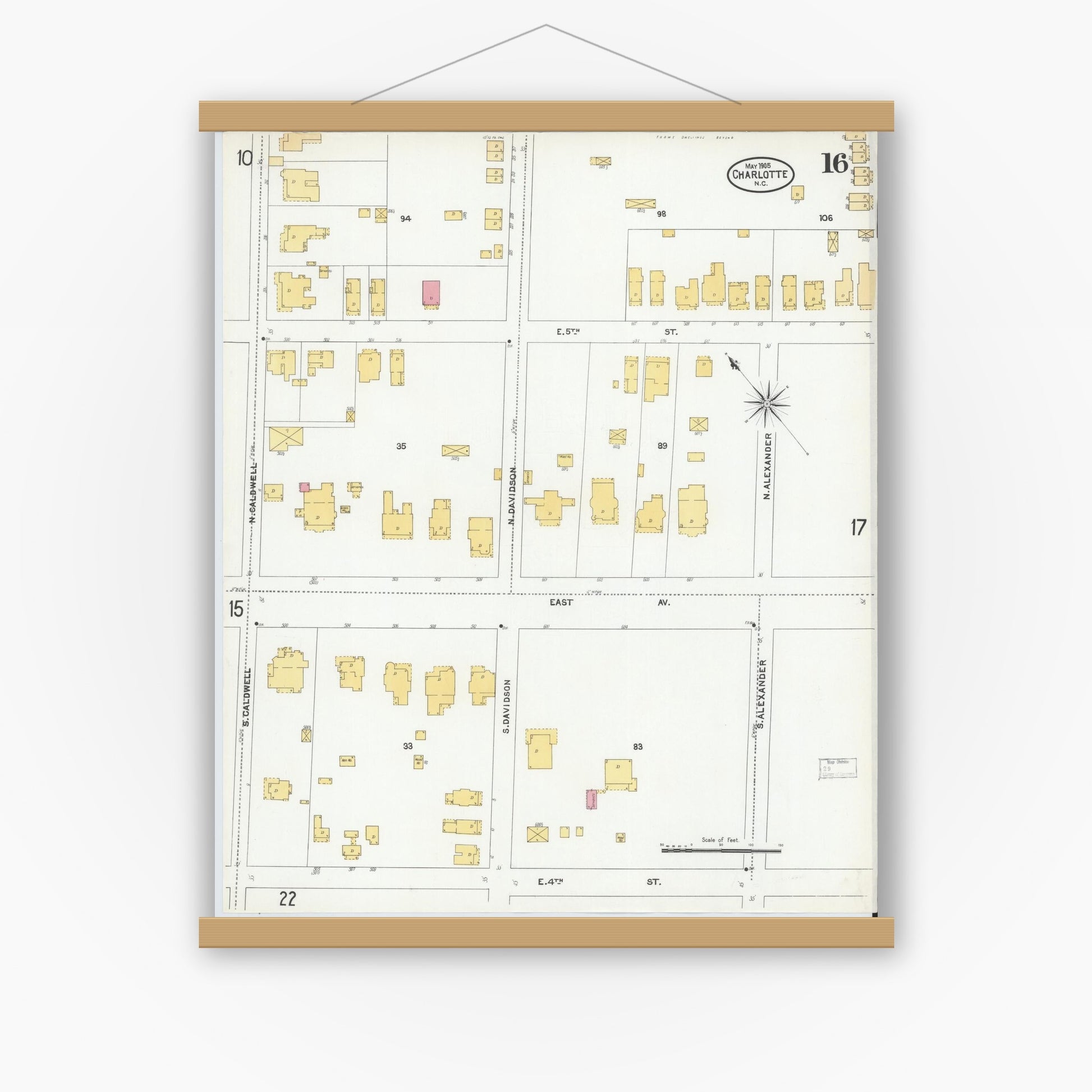 Old map wall art mockup — magnetic wood frame on white wall — Sanborn Fire Insurance Map from Charlotte, Mecklenburg County, North Carolina (1905), Sheet #0016