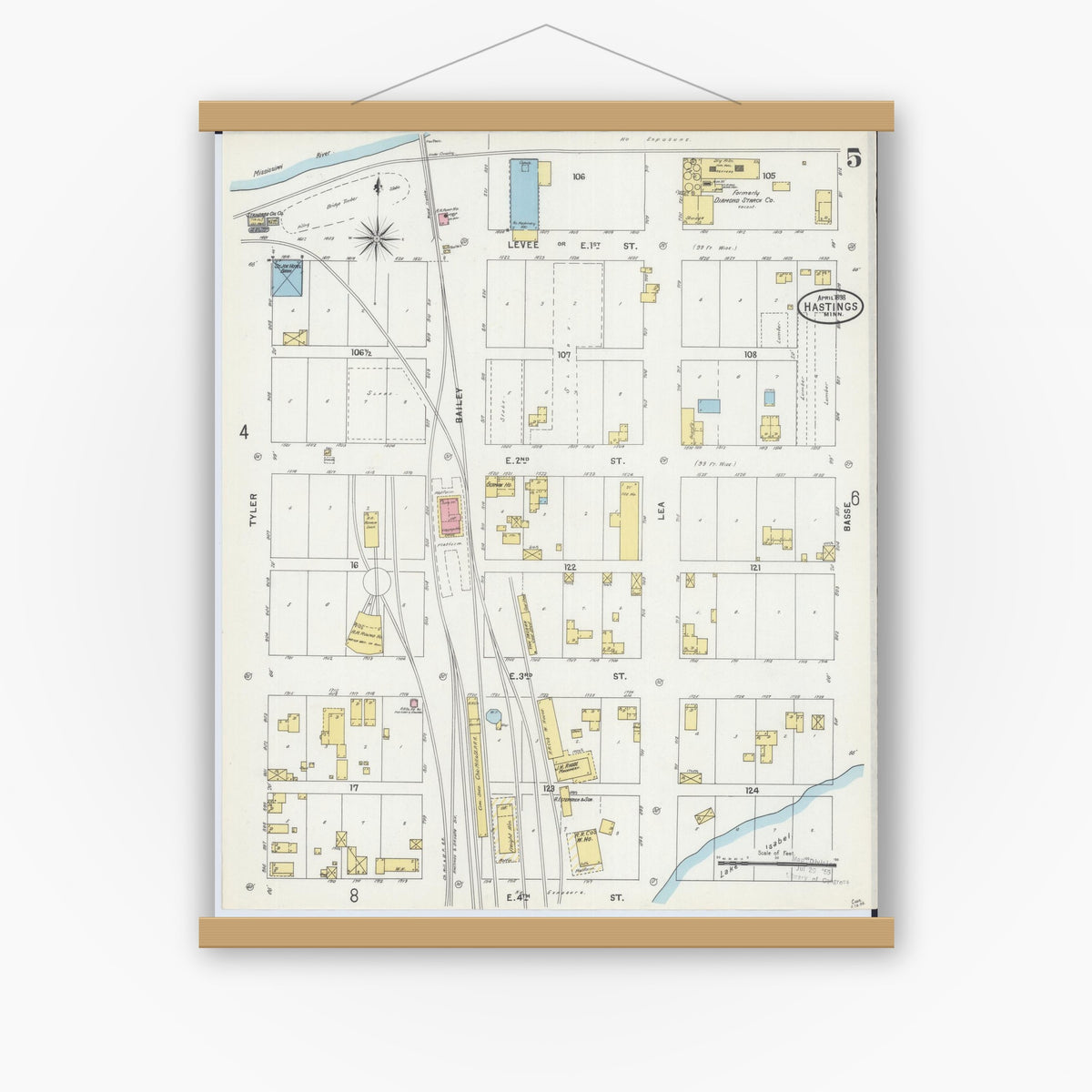 Old map wall art mockup — magnetic wood frame on white wall — Sanborn Fire Insurance Map from Hastings, Dakota County, Minnesota (1898), Sheet #0005