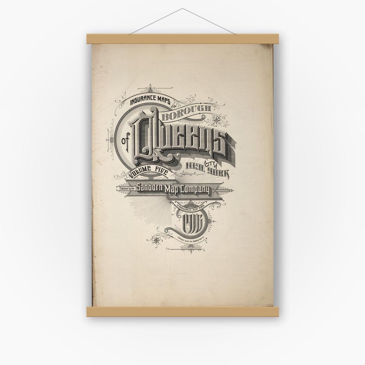 Old map wall art mockup — magnetic wood frame on white wall — Sanborn Fire Insurance Map from Queens, Queens County, New York (1916), Sheet #0001