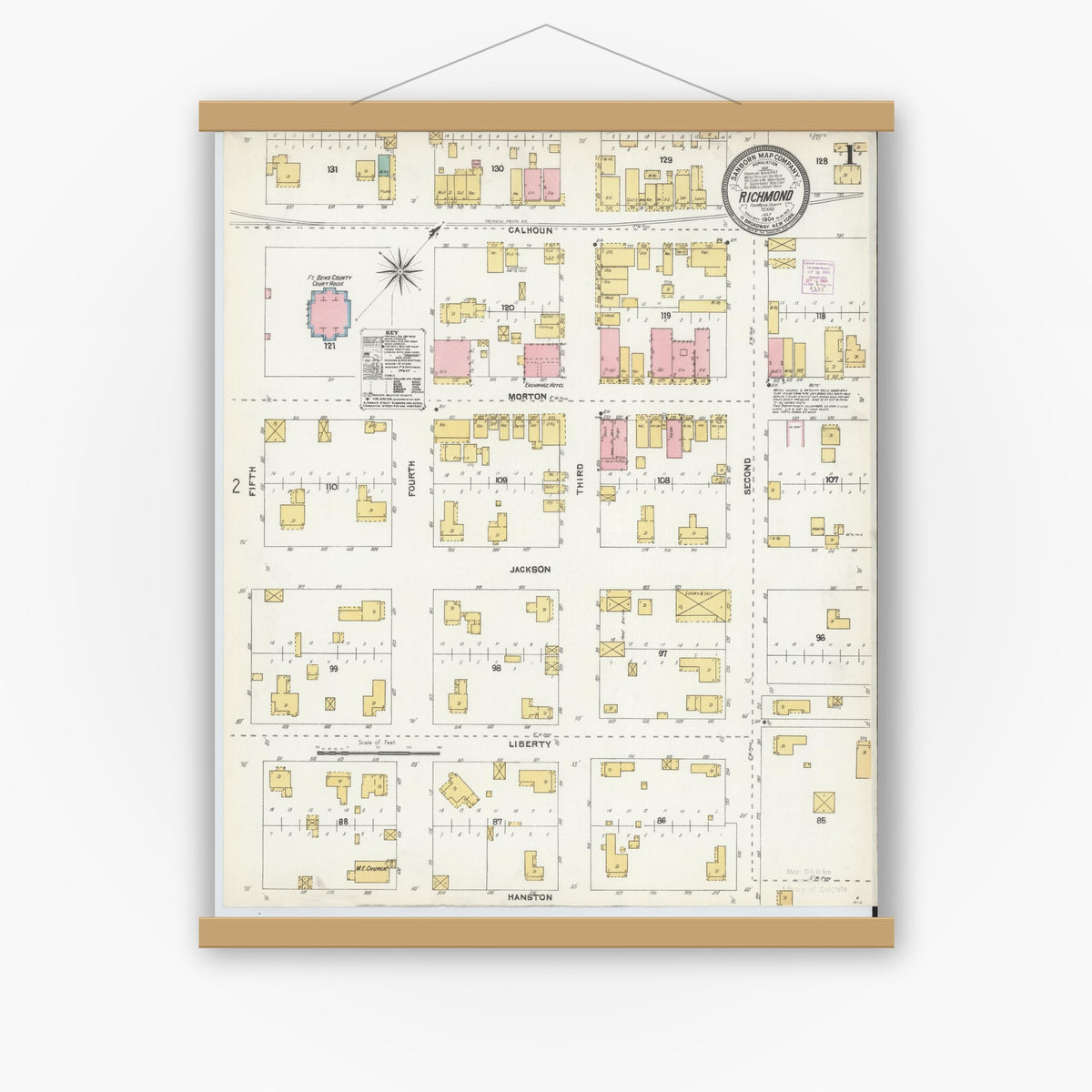 Old map wall art mockup — magnetic wood frame on white wall — Sanborn Fire Insurance Map from Richmond, Fort Bend County, Texas (1904) - Complete Map Set
