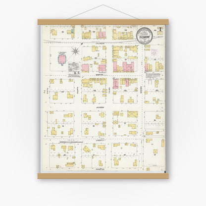 Old map wall art mockup — magnetic wood frame on white wall — Sanborn Fire Insurance Map from Richmond, Fort Bend County, Texas (1904) - Complete Map Set