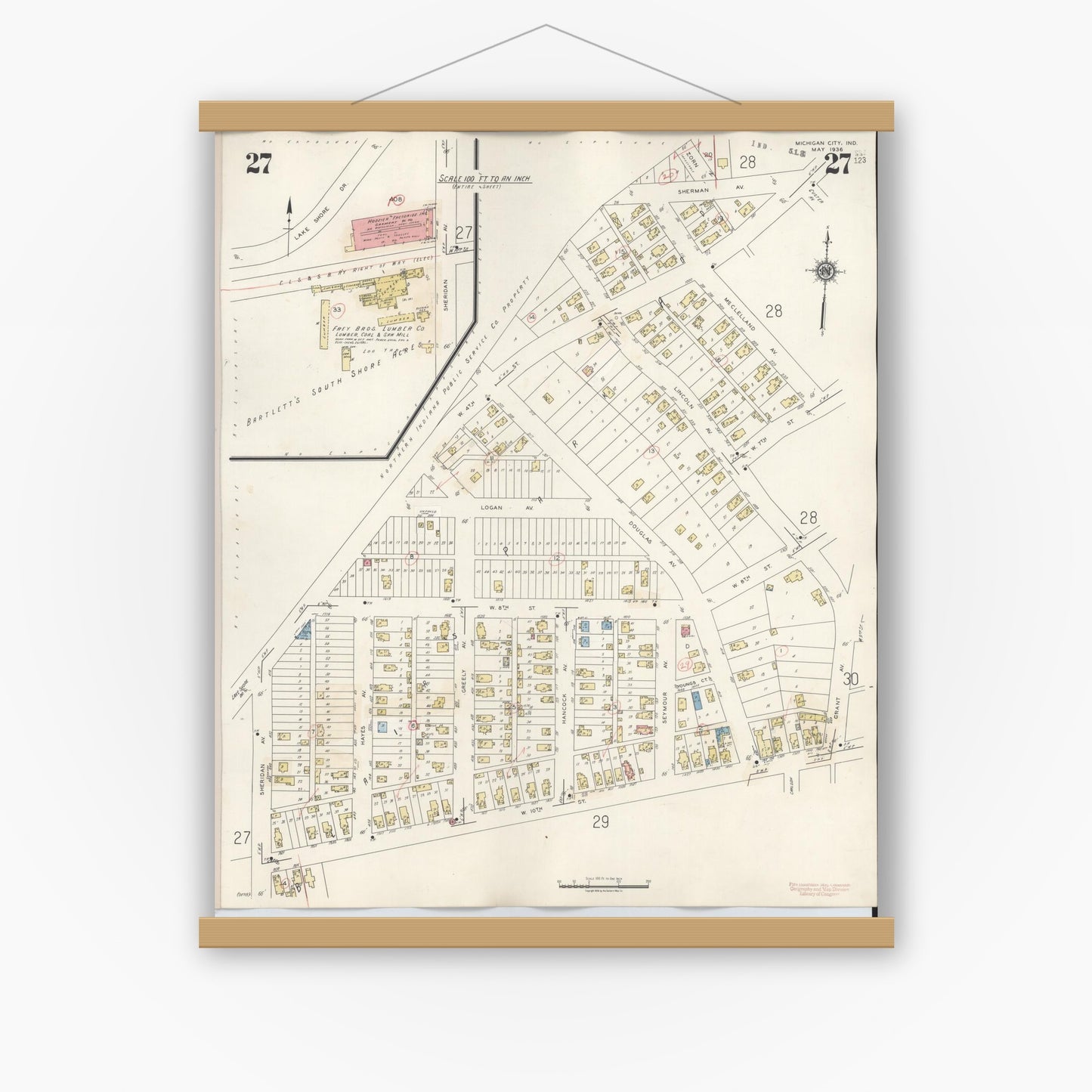 Old map wall art mockup — magnetic wood frame on white wall — Sanborn Fire Insurance Map from Michigan City, La Porte County, Indiana (1948), Sheet #0027