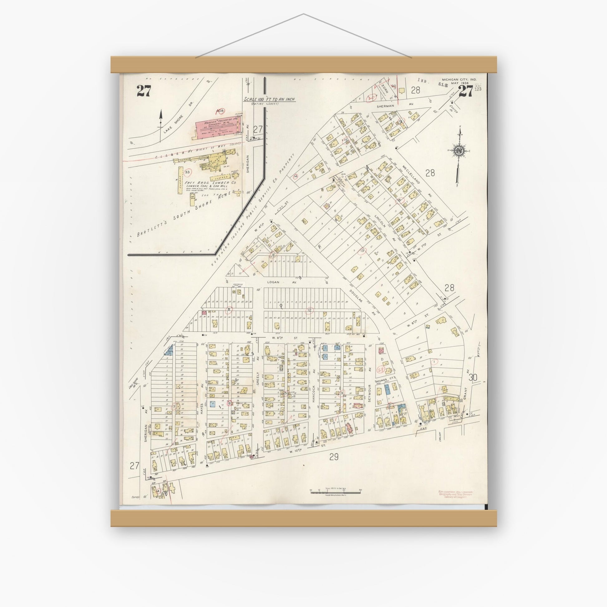 Old map wall art mockup — magnetic wood frame on white wall — Sanborn Fire Insurance Map from Michigan City, La Porte County, Indiana (1948), Sheet #0027