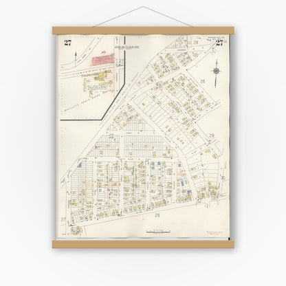 Old map wall art mockup — magnetic wood frame on white wall — Sanborn Fire Insurance Map from Michigan City, La Porte County, Indiana (1948), Sheet #0027