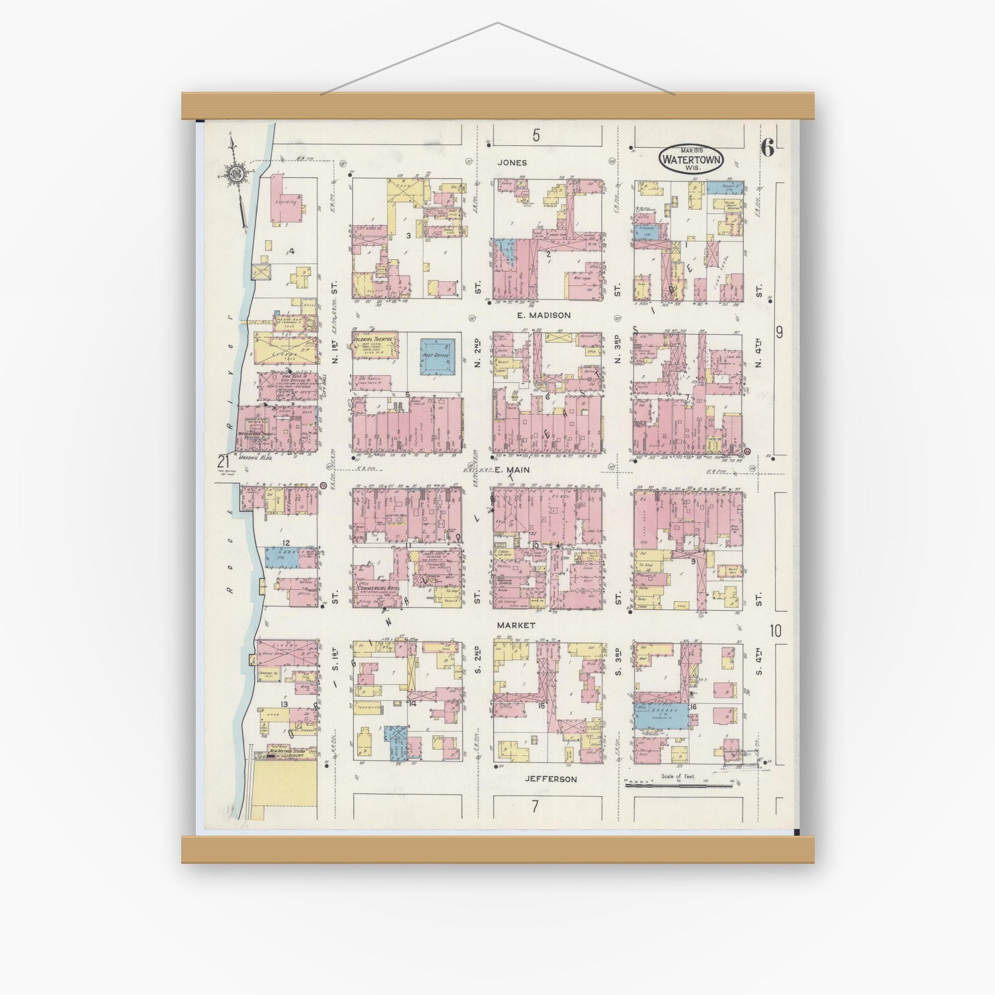 Old map wall art mockup — magnetic wood frame on white wall — Sanborn Fire Insurance Map from Watertown, Jefferson County, Wisconsin (1915), Sheet #0007