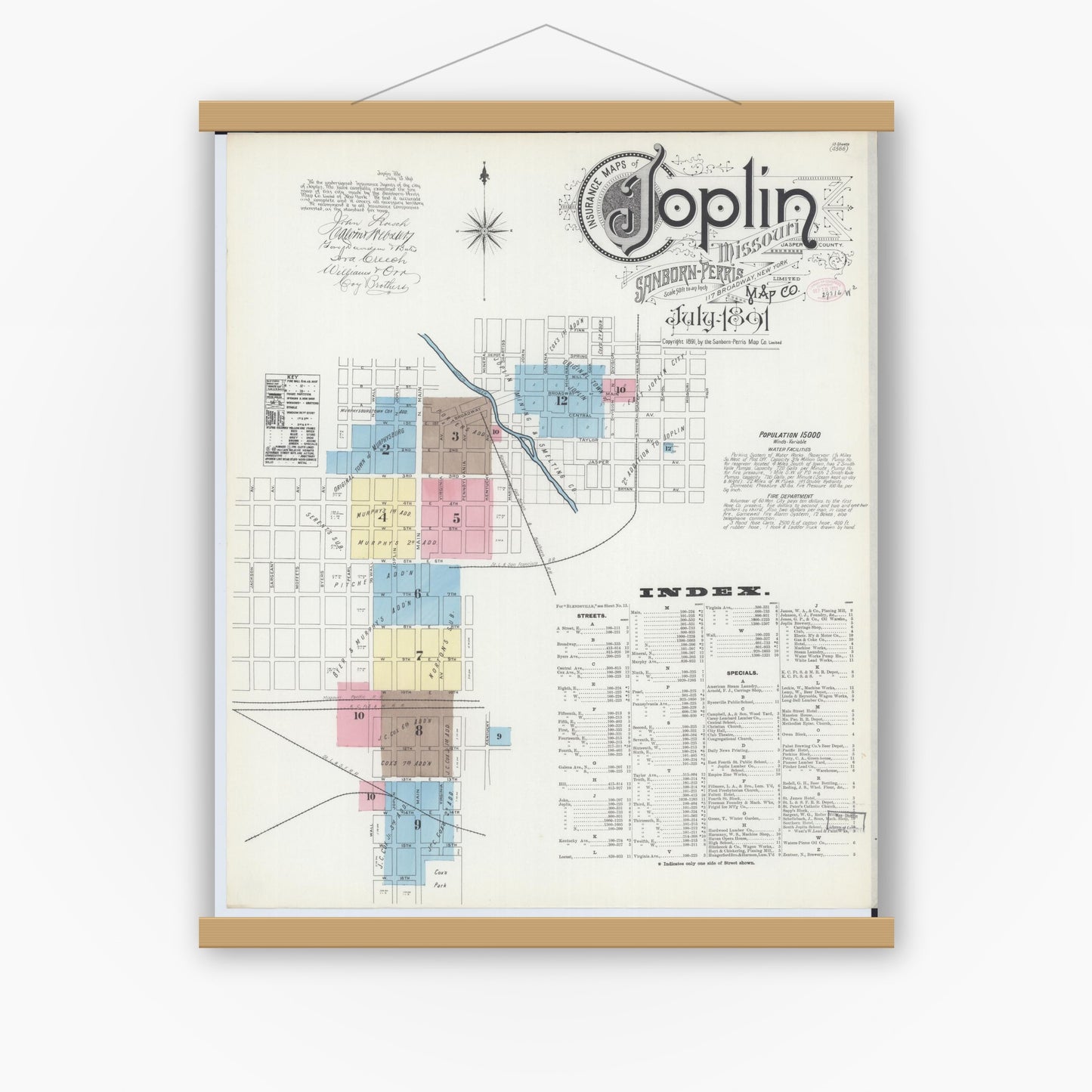 Old map wall art mockup — magnetic wood frame on white wall — Sanborn Fire Insurance Map from Joplin, Jasper County, Missouri (1891) - Complete Map Set