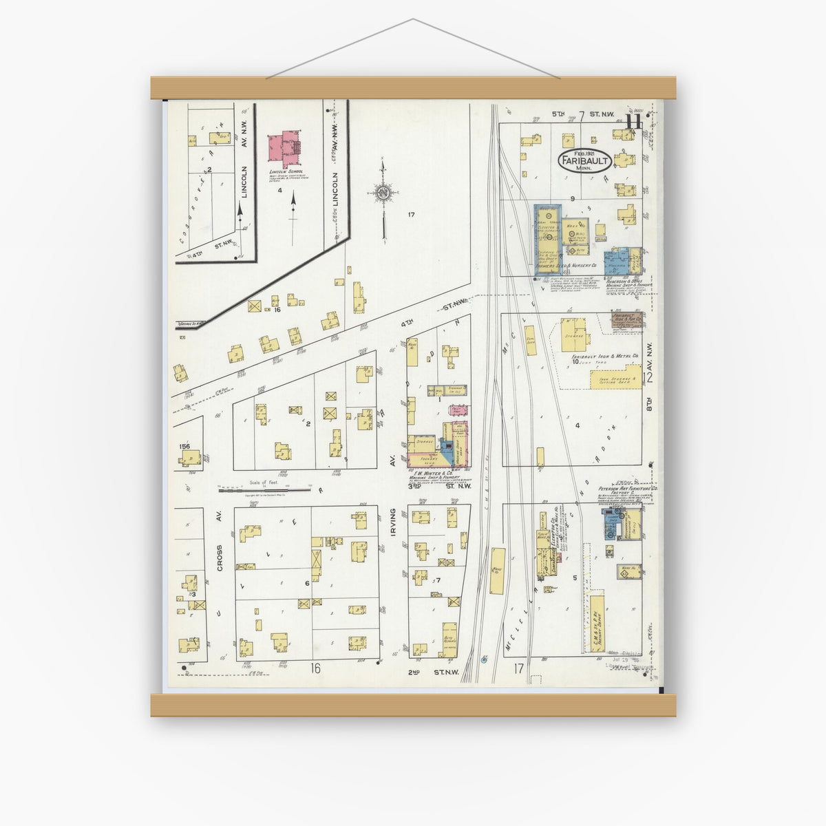 Old map wall art mockup — magnetic wood frame on white wall — Sanborn Fire Insurance Map from Faribault, Rice County, Minnesota (1921), Sheet #0011