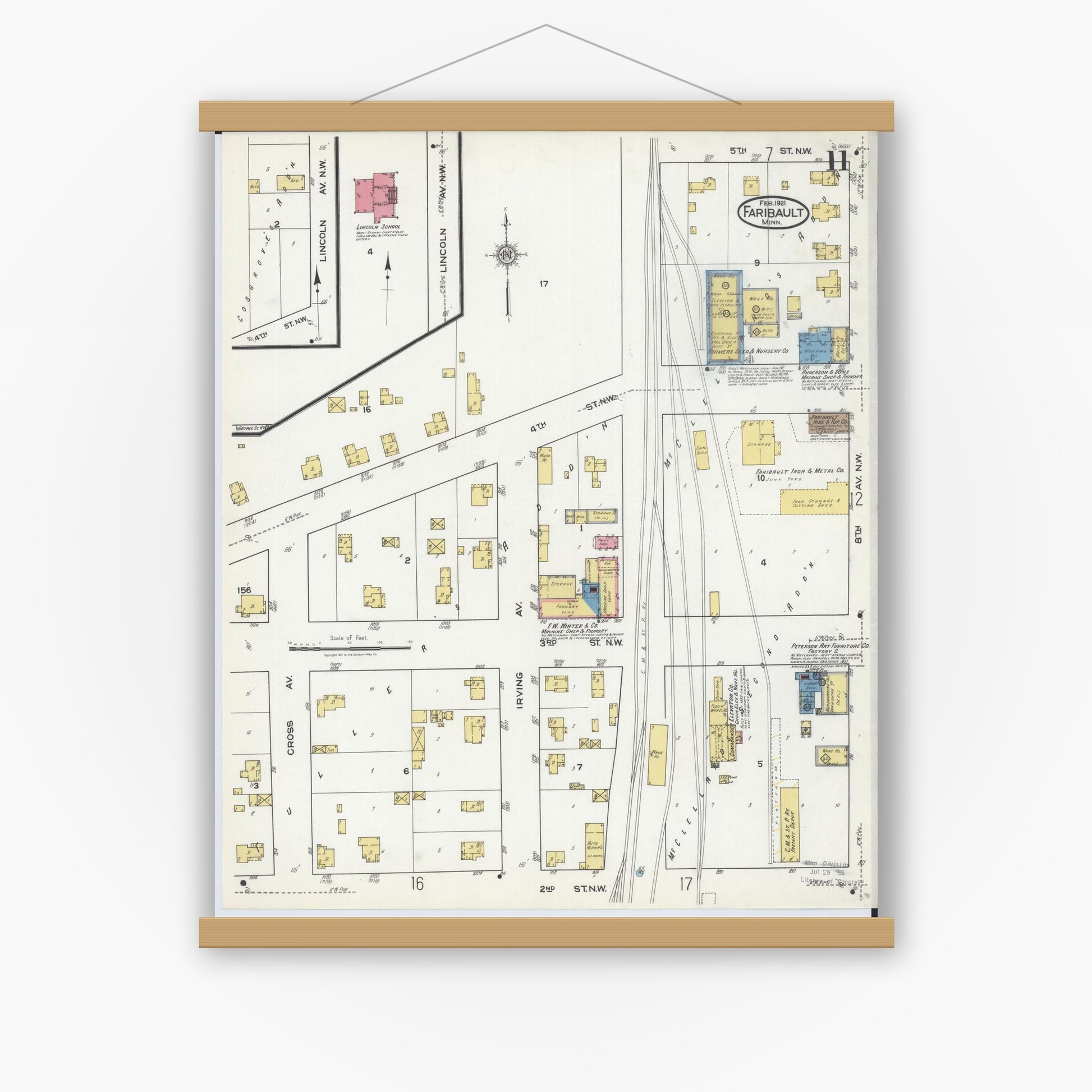 Old map wall art mockup — magnetic wood frame on white wall — Sanborn Fire Insurance Map from Faribault, Rice County, Minnesota (1921), Sheet #0011