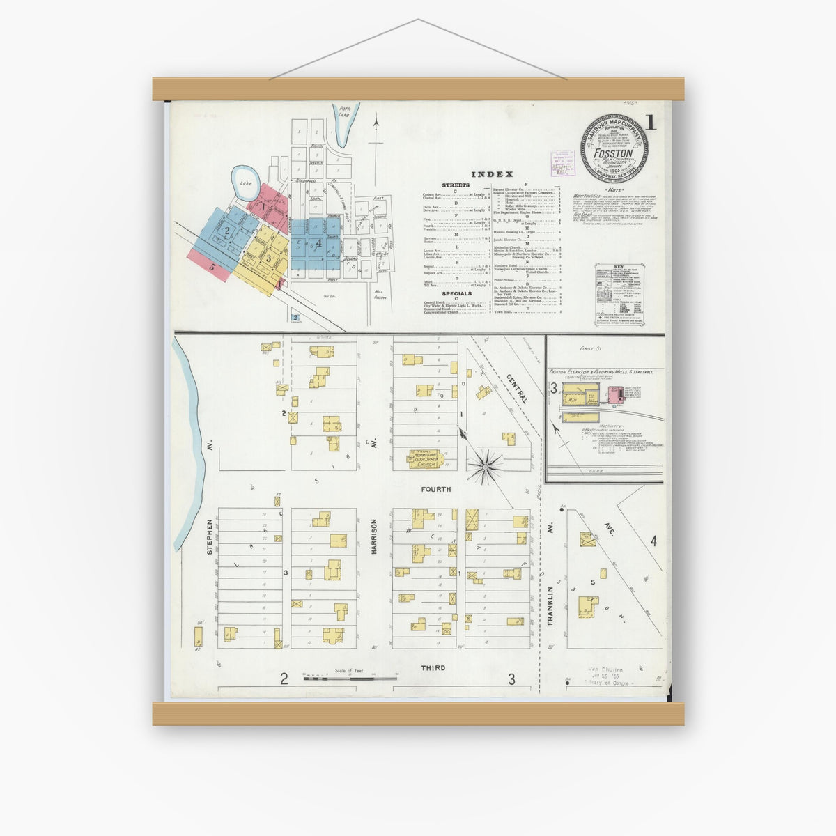 Old map wall art mockup — magnetic wood frame on white wall — Sanborn Fire Insurance Map from Fosston, Polk County, Minnesota (1905), Sheet #0001