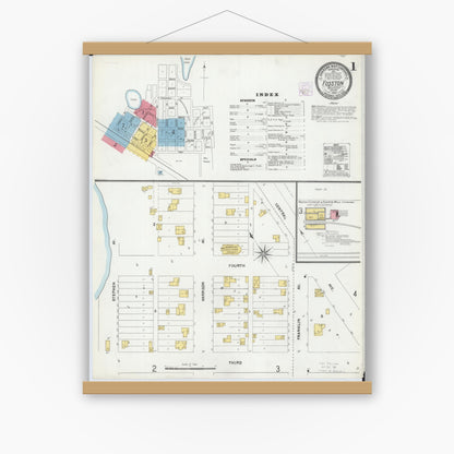 Old map wall art mockup — magnetic wood frame on white wall — Sanborn Fire Insurance Map from Fosston, Polk County, Minnesota (1905), Sheet #0001
