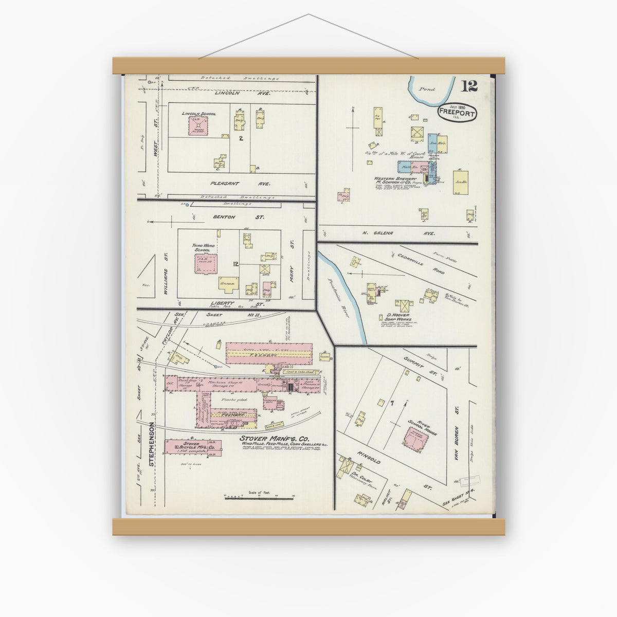 Old map wall art mockup — magnetic wood frame on white wall — Sanborn Fire Insurance Map from Freeport, Stephenson County, Illinois (1890), Sheet #0012