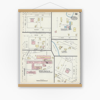 Old map wall art mockup — magnetic wood frame on white wall — Sanborn Fire Insurance Map from Freeport, Stephenson County, Illinois (1890), Sheet #0012