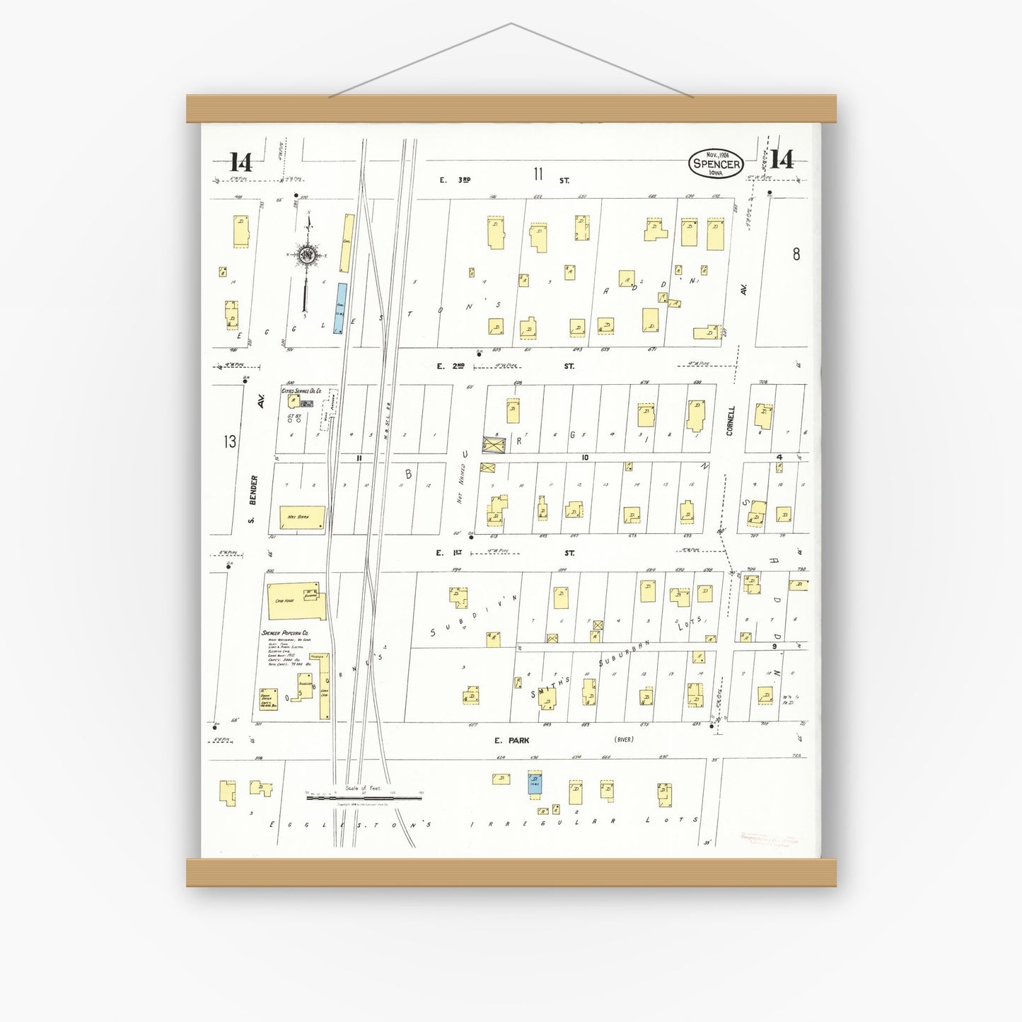 Old map wall art mockup — magnetic wood frame on white wall — Sanborn Fire Insurance Map from Spencer, Clay County, Iowa (1924), Sheet #0014
