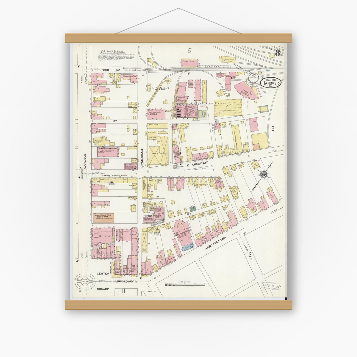 Old map wall art mockup — magnetic wood frame on white wall — Sanborn Fire Insurance Map from Hanover, York County, Pennsylvania (1909), Sheet #0008
