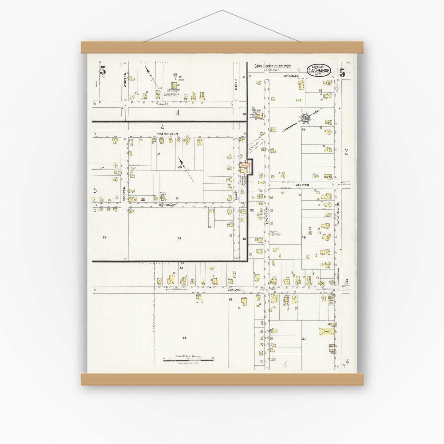 Old map wall art mockup — magnetic wood frame on white wall — Sanborn Fire Insurance Map from La Grange, Lenoir County, North Carolina (1925), Sheet #0005