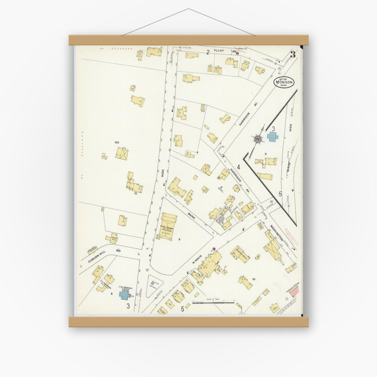Old map wall art mockup — magnetic wood frame on white wall — Sanborn Fire Insurance Map from Monson, Hampden County, Massachusetts (1911), Sheet #0003