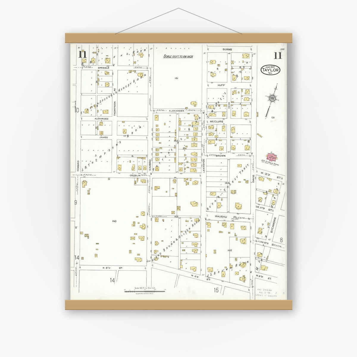 Old map wall art mockup — magnetic wood frame on white wall — Sanborn Fire Insurance Map from Taylor, Williamson County, Texas (1923), Sheet #0011