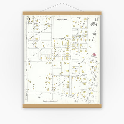 Old map wall art mockup — magnetic wood frame on white wall — Sanborn Fire Insurance Map from Taylor, Williamson County, Texas (1923), Sheet #0011