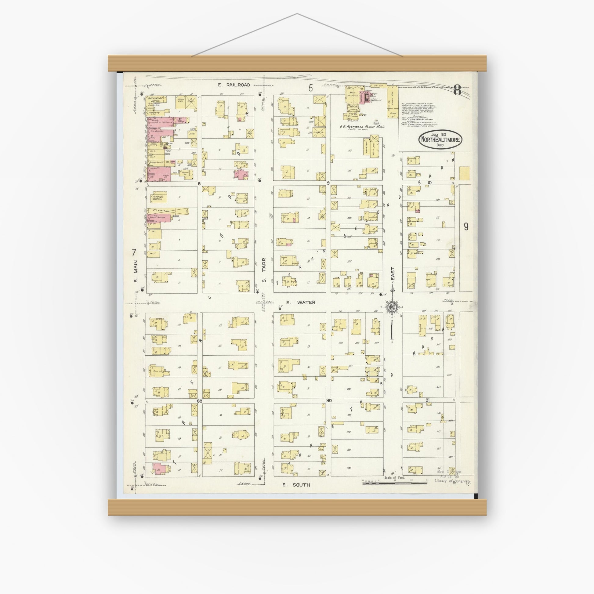 Old map wall art mockup — magnetic wood frame on white wall — Sanborn Fire Insurance Map from North Baltimore, Wood County, Ohio (1913), Sheet #0008