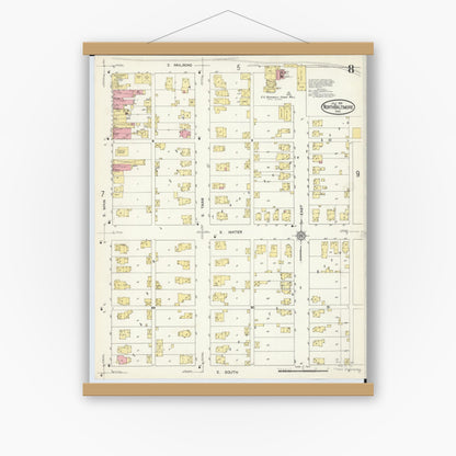 Old map wall art mockup — magnetic wood frame on white wall — Sanborn Fire Insurance Map from North Baltimore, Wood County, Ohio (1913), Sheet #0008