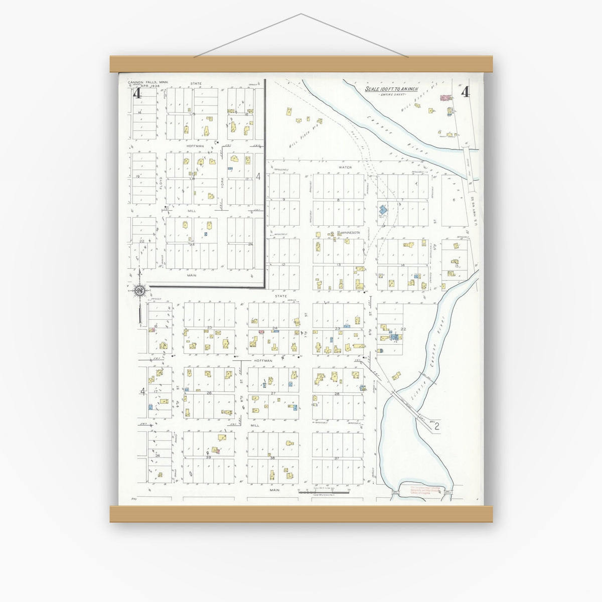 Old map wall art mockup — magnetic wood frame on white wall — Sanborn Fire Insurance Map from Cannon Falls, Goodhue County, Minnesota (1938), Sheet #0004