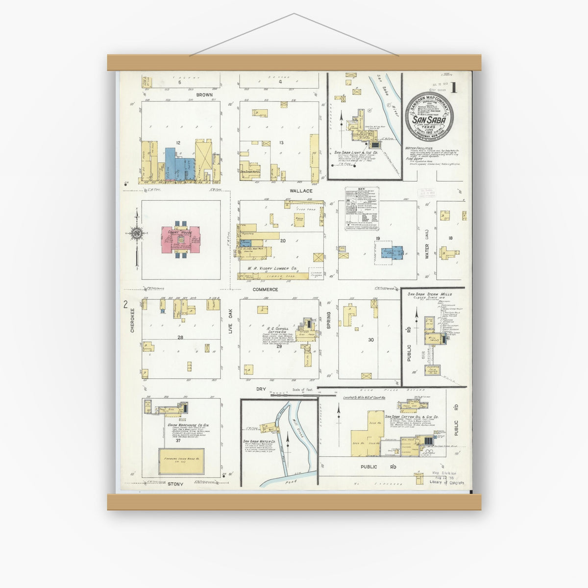 Old map wall art mockup — magnetic wood frame on white wall — Sanborn Fire Insurance Map from San Saba, San Saba County, Texas (1912), Sheet #0001