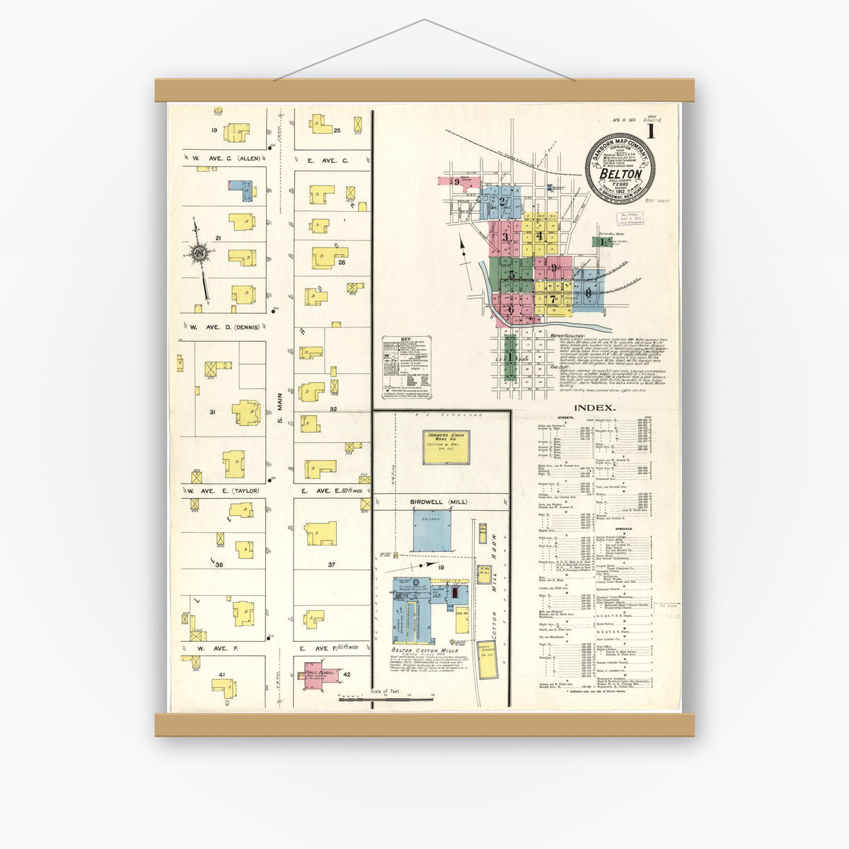 Old map wall art mockup — magnetic wood frame on white wall — Sanborn Fire Insurance Map from Belton, Bell County, Texas (1912), Sheet #0001