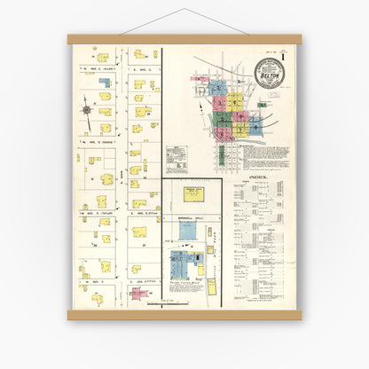 Old map wall art mockup — magnetic wood frame on white wall — Sanborn Fire Insurance Map from Belton, Bell County, Texas (1912), Sheet #0001