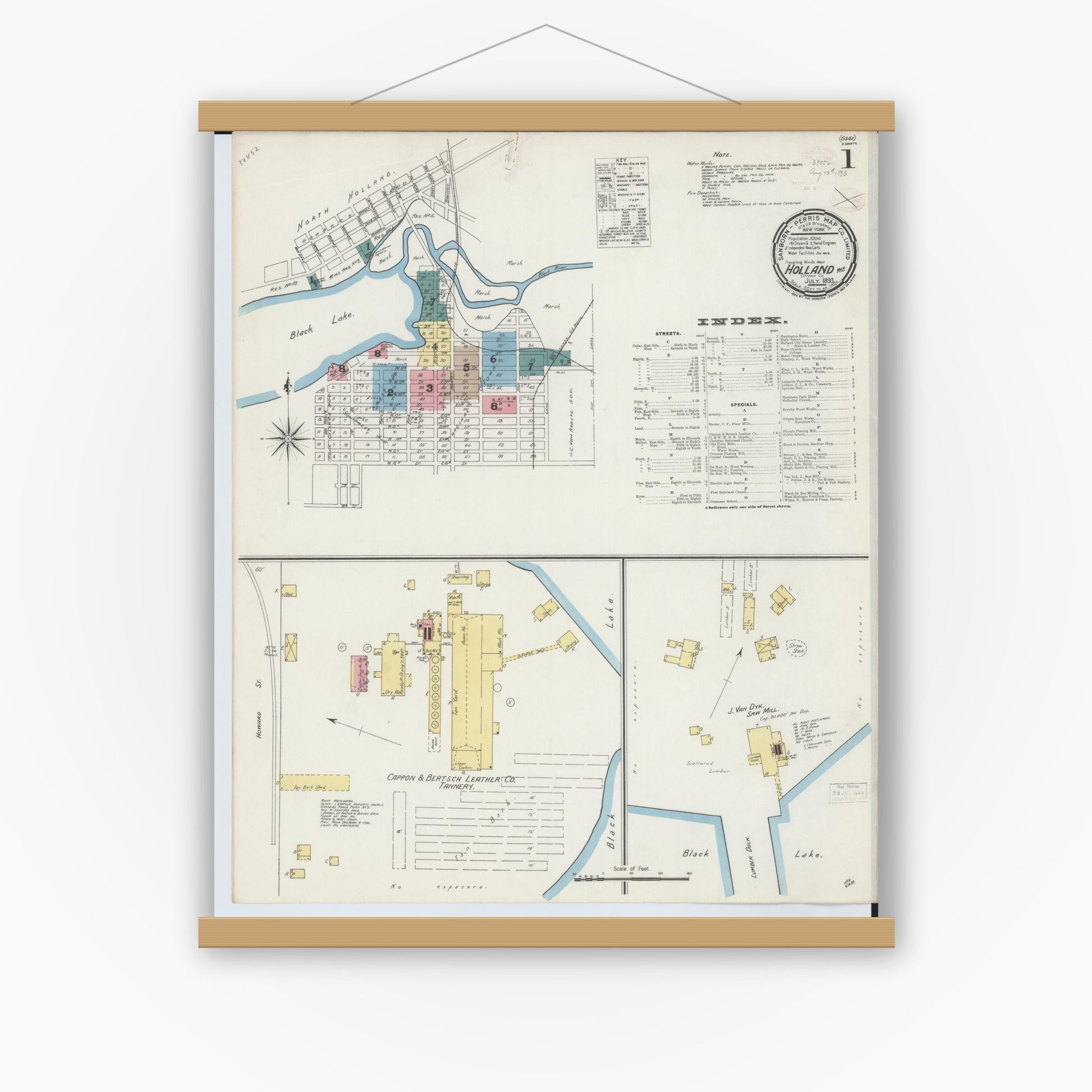 Old map wall art mockup — magnetic wood frame on white wall — Sanborn Fire Insurance Map from Holland, Ottawa County, Michigan (1893) - Complete Map Set