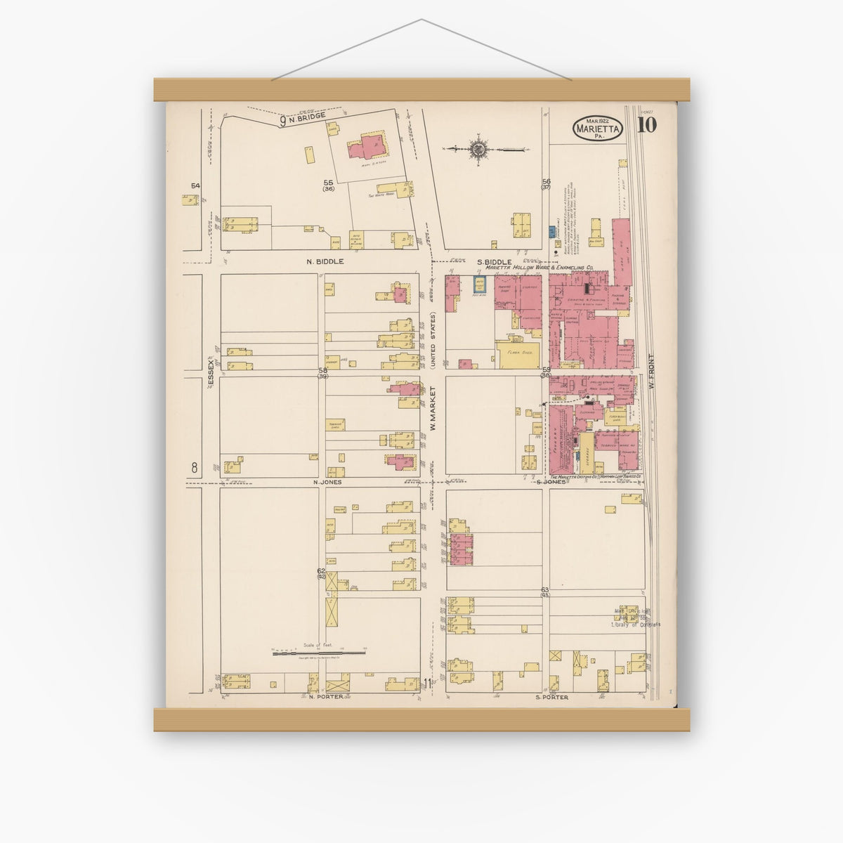 Old map wall art mockup — magnetic wood frame on white wall — Sanborn Fire Insurance Map from Marietta, Lancaster County, Pennsylvania (1922), Sheet #0010