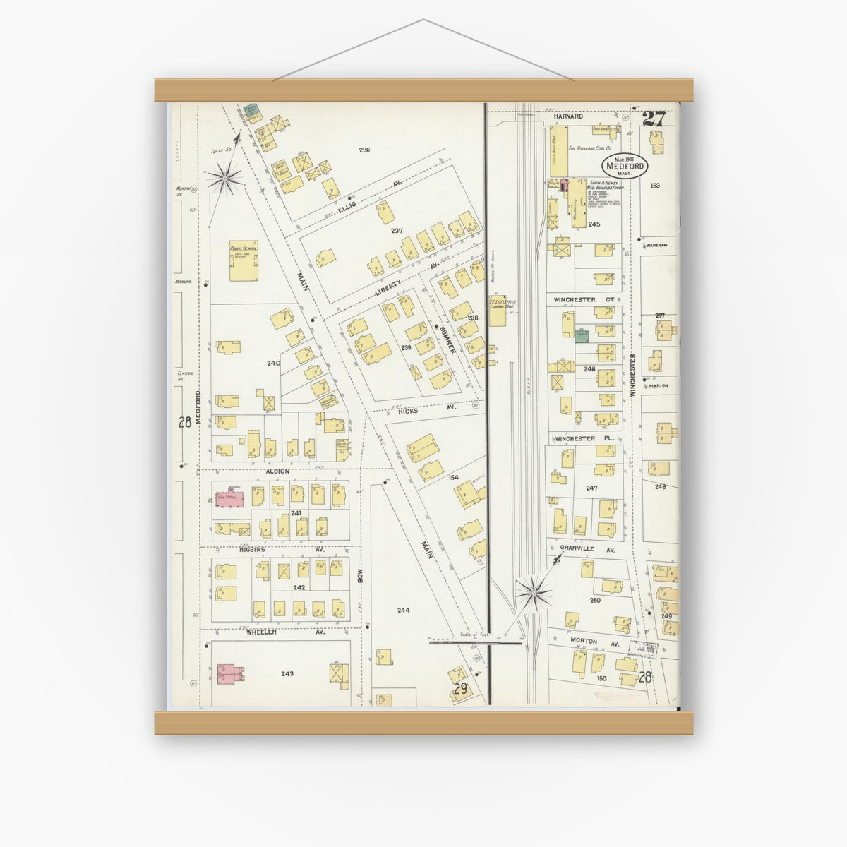Old map wall art mockup — magnetic wood frame on white wall — Sanborn Fire Insurance Map from Medford, Middlesex County, Massachusetts (1903), Sheet #0027