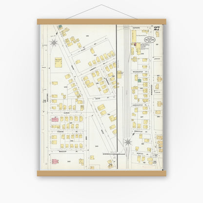 Old map wall art mockup — magnetic wood frame on white wall — Sanborn Fire Insurance Map from Medford, Middlesex County, Massachusetts (1903), Sheet #0027