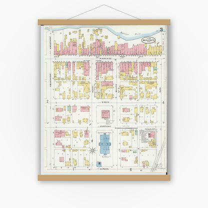 Old map wall art mockup — magnetic wood frame on white wall — Sanborn Fire Insurance Map from Wapakoneta, Auglaize County, Ohio (1899), Sheet #0003