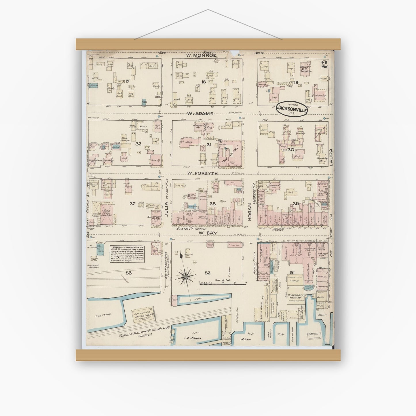 Old map wall art mockup — magnetic wood frame on white wall — Sanborn Fire Insurance Map from Jacksonville, Duval County, Florida (1884), Sheet #0002