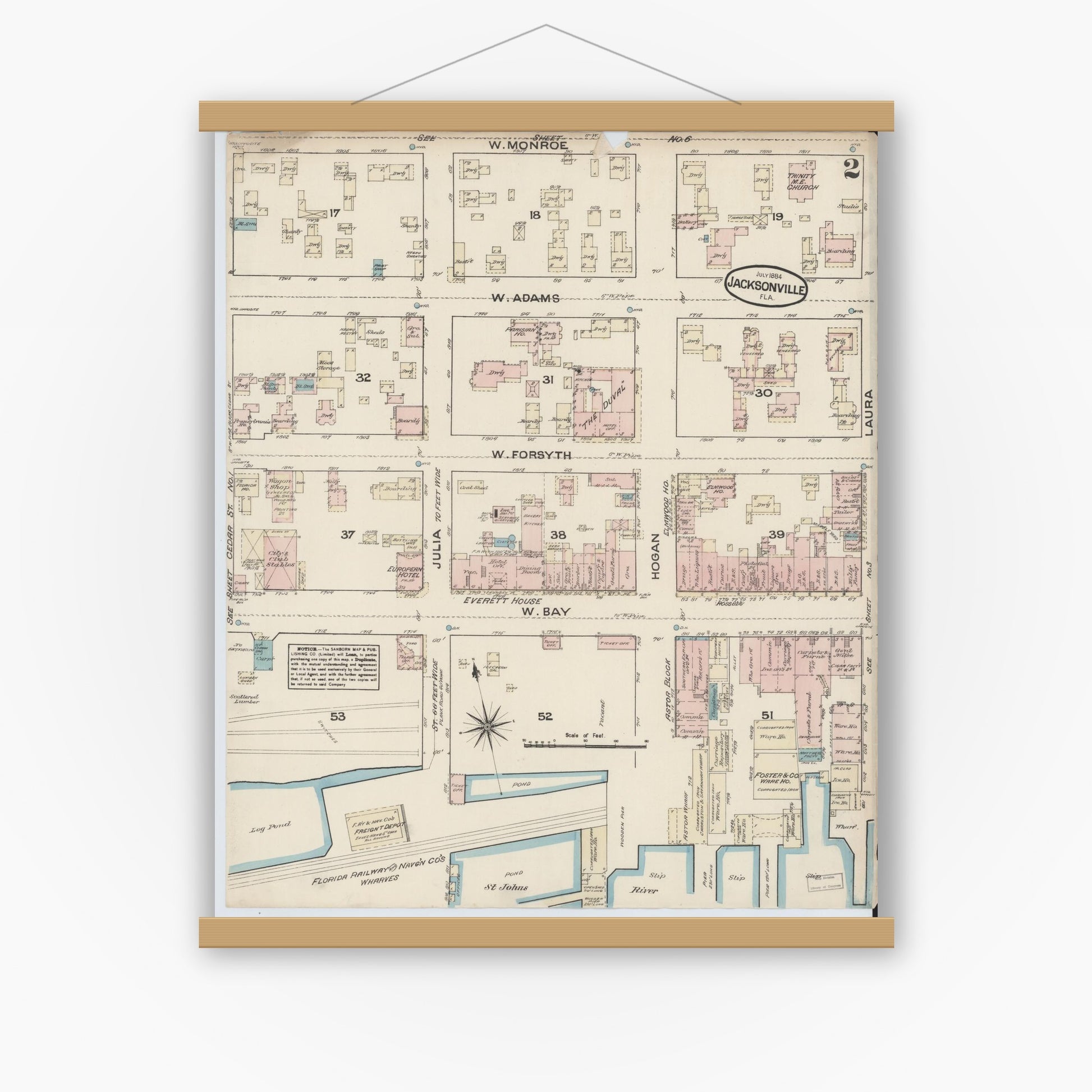 Old map wall art mockup — magnetic wood frame on white wall — Sanborn Fire Insurance Map from Jacksonville, Duval County, Florida (1884), Sheet #0002
