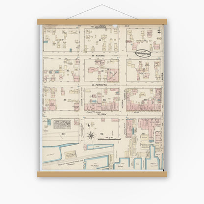 Old map wall art mockup — magnetic wood frame on white wall — Sanborn Fire Insurance Map from Jacksonville, Duval County, Florida (1884), Sheet #0002